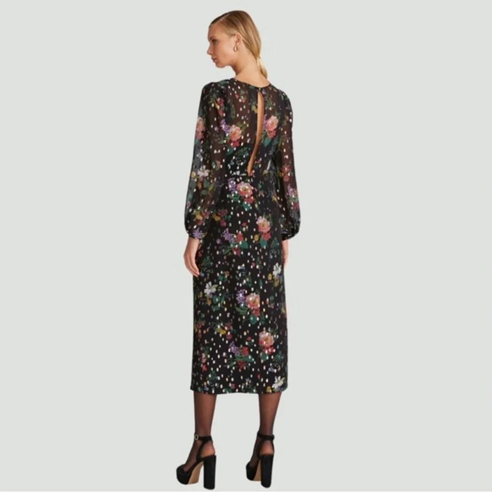 AMUR Sabine Drape Dress | Front Slit | Black | Floral | Sheer | Size 10 - Picture 4 of 16